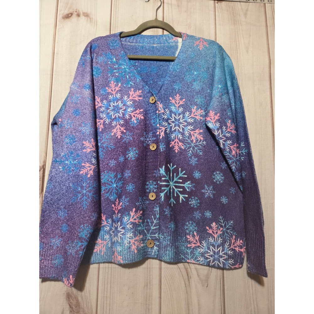 Snowflake Print Button Front Cardigan Sweater Purple Blue XXL Holiday Winter